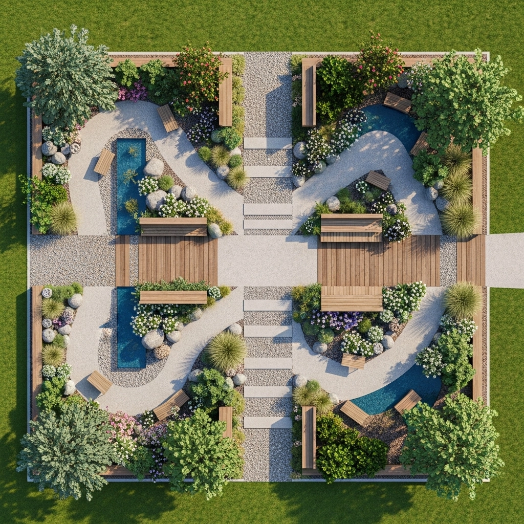 Kuş bakışı bahçe peyzajı ve yürüyüş yolları