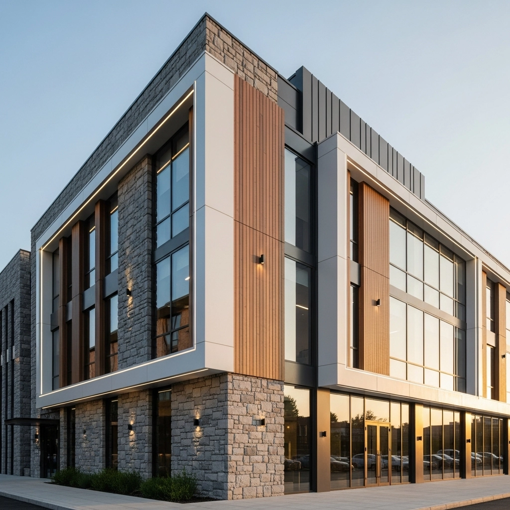 Taş ve ahşap detaylı modern yapı cephesi